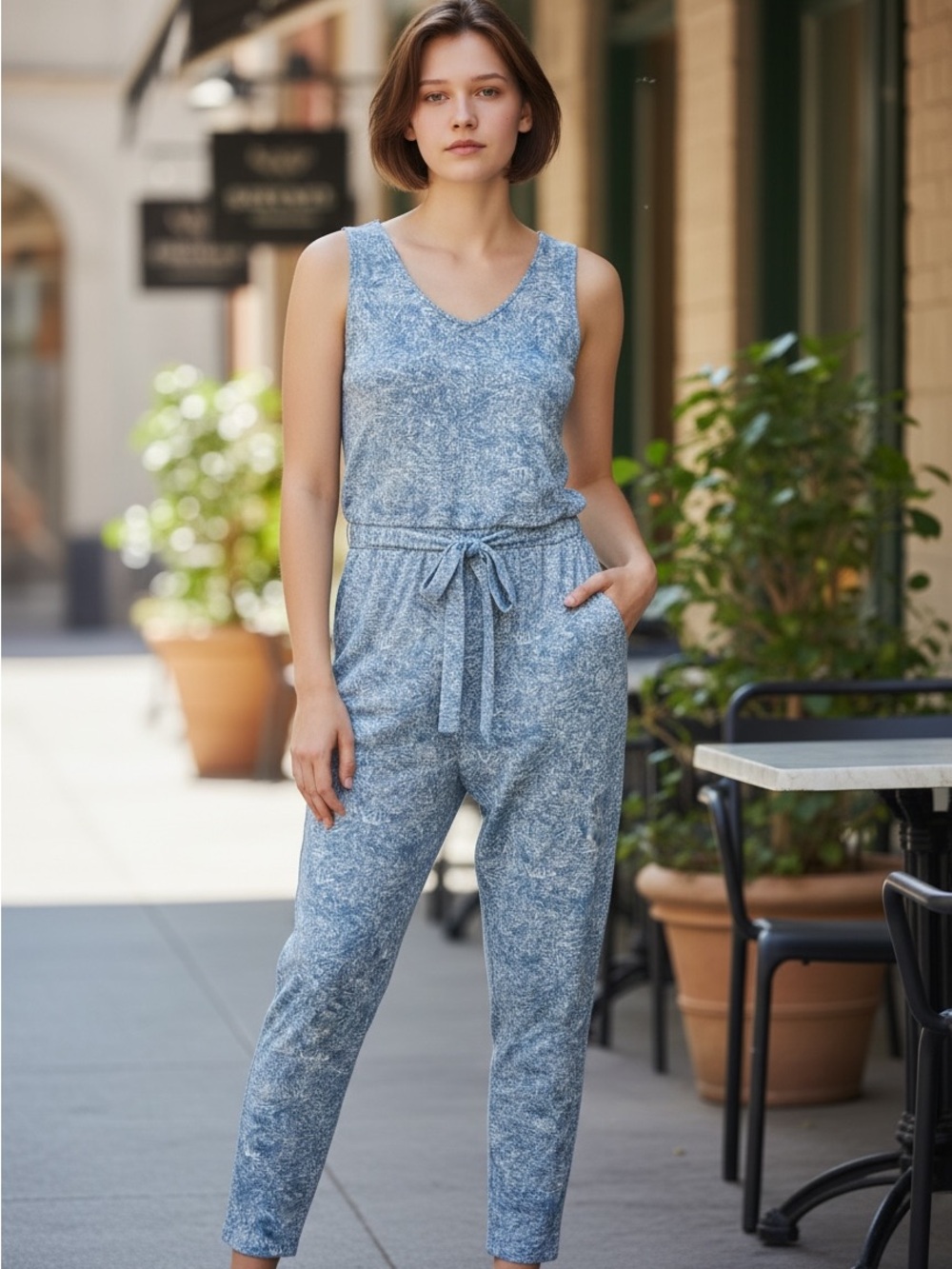 Popular Basics Light Blue Sleeveless Tie-Waist Jumpsuit